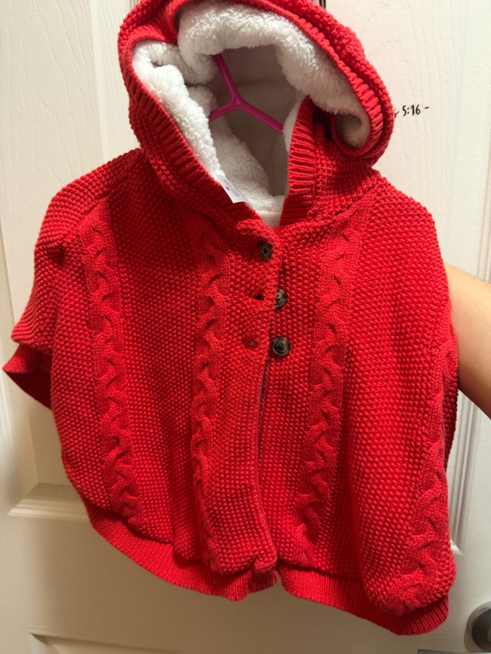 NWOT BABY Red Hooded Cable-Knit Poncho with Sherpa Lining